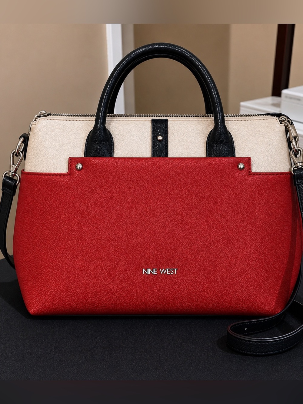 Nine West Red, Cream & Black Colorblock Satchel